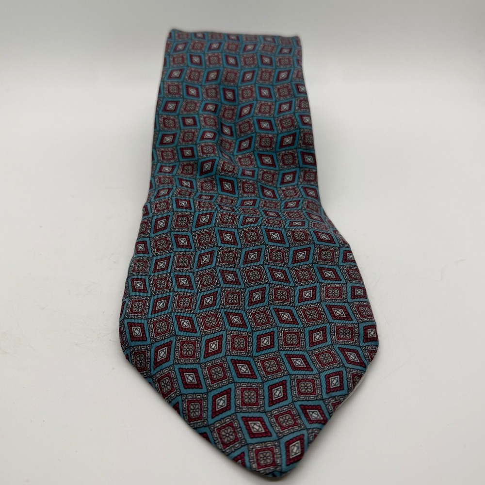 Aquascutum London Silk Tie Teal Blue Burgundy‎ Geometric Diamond  Hand Made